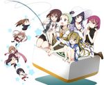  achiga_school_uniform atarashi_ako barefoot blush blush_stickers brown_hair cardigan casual chibi cookie eating fishing_rod food hat hirose_sumire jacket kenao long_hair matano_seiko matsumi_kuro matsumi_yuu miyanaga_teru multiple_girls necktie no_panties o_o oohoshi_awai ribbon sagimori_arata saki saki_achiga-hen scarf shibuya_takami sun_hat takakamo_shizuno thighhighs track_jacket vest 