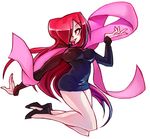  bare_legs breasts commentary dress full_body hair_over_one_eye jumping large_breasts long_hair parasoul_(skullgirls) pink_ribbon red_eyes red_hair ribbon rtil scarf short_dress simple_background skullgirls solo sweater sweater_dress very_long_hair white_background 