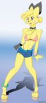  bra bracelet breasts brown_eyes clothing cute female hand_on_chest jewelry nintendo panties pichu pok&#233;mon pok&eacute;mon shadow shorts solo takipsilim underwear video_games 