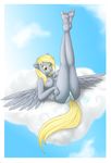  amber_eyes anthro anthrofied blonde_hair breasts camel_toe cloud derpy_hooves_(mlp) equine female friendship_is_magic fur grey_fur hair horse legs_up lying mammal ms-seven0 my_little_pony nipples on_back pegasus pony solo wings 