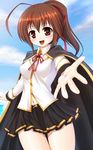  :d ahoge blazblue blazblue_phase_0 blush breasts brown_hair cape celica_a_mercury medium_breasts naoki_(endofcentury102) open_mouth outstretched_arm outstretched_hand pleated_skirt red_eyes school_uniform skirt smile solo thighs 