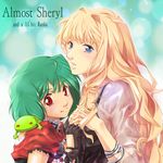  blonde_hair blue_eyes fingerless_gloves gloves green_hair holding_hands interlocked_fingers lowres macross macross_frontier multiple_girls ranka_lee red_eyes sakaki_(sakakiya) sheryl_nome 