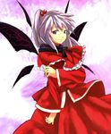  capelet dress hair_bobbles hair_ornament kinoto_(ruindivinity) long_hair purple_eyes red_capelet shinki side_ponytail silver_hair smile solo touhou touhou_(pc-98) wings 