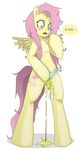  blue_eyes blush cutie_mark equine female fluttershy_(mlp) friendship_is_magic fur hair horse mammal my_little_pony panties peeing pegasus pink_hair plain_background pony solo text underwear unknown_artist urine white_background wings yellow_fur 