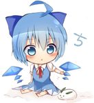  ahoge barefoot blue_eyes blue_hair blush bow cirno full_body hair_bow open_mouth ribbon short_hair simple_background sitting skirt snow_bunny solo tosura-ayato touhou white_background wings 