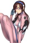  absurdres blue_eyes breasts brown_hair erect_nipples evangelion:_2.0_you_can_(not)_advance female glasses hairband highres kansuke large_breasts long_hair looking_at_viewer makinami_mari_illustrious neon_genesis_evangelion plugsuit rebuild_of_evangelion simple_background smile solo twintails white_background 