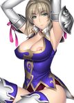  1girl absurdres areolae armpits arms_up blonde_hair breasts cassandra_alexandra cleavage elbow_gloves gloves green_eyes highres kansuke large_breasts looking_at_viewer nipple_slip nipples no_bra panties simple_background sitting smile solo soul_calibur soulcalibur_iv sweat thighhighs underwear white_background 