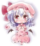  :d bat_wings blue_hair blush chibi detached_wings dress fang hands_on_own_chest hat hat_ribbon heart muuba pink_dress pink_eyes puffy_sleeves remilia_scarlet ribbon short_sleeves smile solo spoken_heart touhou wings 