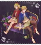  1girl anklet barefoot beads blonde_hair blue_eyes blush bracelet brother_and_sister capri_pants chizu_(fiute) cravat feet flower highres instrument jewelry kagamine_len kagamine_rin pants piano plant ribbon siblings sitting soles twins vocaloid 
