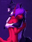  ambiguous_gender black_fur black_nose canine claws falvie hair hug nude purple_hair purple_nose red_fur smile white_fur wolf 