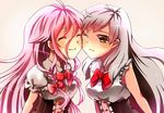  ^_^ bad_id bad_pixiv_id blush cheek-to-cheek closed_eyes grey_hair hair_between_eyes happy ia_(vocaloid) long_hair mayu_(vocaloid) multiple_girls one_eye_closed pink_hair skura01 smile vocaloid yellow_eyes 