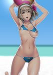  1girl absurdres areola_slip areolae armpits arms_up ball beach beachball bikini blonde_hair bouncing_breasts breasts cameltoe cassandra_alexandra flower green_eyes hair_flower hair_ornament hairband highres kansuke large_breasts looking_at_viewer nipple_slip nipples ocean open_mouth sand sky solo soul_calibur standing swimsuit unaligned_breasts water 