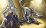  anal anthro ball_gag bdsm bondage bound cave dinosaur doggy_position from_behind gag gay invalid_color invalid_tag male penis raptor scalie sergal smile white 