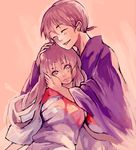  1girl a916128 closed_eyes couple earrings hand_on_another's_face hand_on_another's_head hetero hug inuyasha jewelry miroku_(inuyasha) pink sango smile wide_sleeves 
