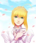  ahoge artoria_pendragon_(all) bad_id bad_pixiv_id blonde_hair dress fate/stay_night fate_(series) fateline_alpha green_eyes hair_ribbon petals ribbon saber solo 