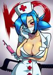  1girl blue_hair blush breasts chin_rest choker cleavage commentary dripping english_commentary eyepatch gloves hair_over_one_eye hat ian_chase large_breasts mask no_bra nurse nurse_cap ponytail red_eyes saw skullgirls solo surgical_mask syringe valentine_(skullgirls) weapon white_gloves 