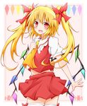  :d alternate_hairstyle ascot blonde_hair bow fang flandre_scarlet hair_bow highres karamoneeze no_hat no_headwear open_mouth red_eyes skirt skirt_set smile solo thighhighs touhou twintails white_legwear wings 