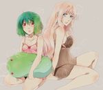  babydoll barefoot blue_eyes chemise gen_(enji) green_hair kneeling lingerie long_hair looking_back macross macross_frontier multiple_girls pink_hair ranka_lee red_eyes sheryl_nome stuffed_animal stuffed_toy underwear underwear_only 