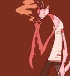  cigarette frown male mantis plain_background red_background solo yolk_(artist) 