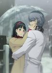  1girl amagi_yukiko black_eyes black_hair blush coat cold couple grey_hair hairband hand_on_another's_face hetero highres hug long_hair narukami_yuu persona persona_4 scarf shared_umbrella smile snow snowing taru_neko umbrella 