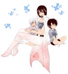  1girl 2boys beelzebub_(manga) black_eyes black_hair blush boots breasts brother_and_sister cleavage coat flower furuichi_takayuki grey_eyes lipstick makeup midriff multiple_boys oga_misaki oga_tatsumi open_mouth pants shoes short_hair shorts siblings socks white_hair 