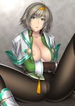  1girl absurdres alternate_costume areola_slip areolae belt blush breasts cassandra_alexandra censored green_eyes grey_hair hairband highres kansuke looking_at_viewer nipple_slip nipples no_bra no_panties open_clothes open_mouth open_shirt pantyhose pussy shirt short_hair sitting solo soul_calibur soulcalibur_iv spread_legs white_hair 