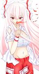  1girl absurdres female fire fujiwara_no_mokou hair_ribbon highres long_hair makky navel ribbon touhou 