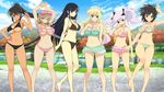  6+girls asuka_(senran_kagura) bikini black_hair breasts brown_hair cleavage eyepatch haruka_(senran_kagura) homura_(senran_kagura) ikaruga_(senran_kagura) long_hair multiple_girls navel senran_kagura senran_kagura_(series) short_hair smile swimsuit tan tanline torii_takashi underboob wink yagyuu_(senran_kagura) yomi_(senran_kagura) 