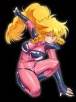  black_background blonde_hair bodysuit boots breasts fingerless_gloves full_body gloves highres iczer-1 iczer_(series) knee_boots large_breasts long_hair looking_at_viewer pink_bodysuit pointy_ears simple_background solo tatakae!!_iczer-1 yagisaka_seto yellow_eyes 
