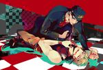  black_hair blonde_hair blood blue_eyes blue_lipstick dio_brando gakuran hat jojo_no_kimyou_na_bouken kuujou_joutarou lipstick long_coat makeup multiple_boys red_eyes scar school_uniform takashi_(huzakenna) 