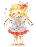  alternate_costume blonde_hair bloomers bow closed_eyes crying flandre_scarlet hair_bow kindergarten_uniform long_sleeves maru_usagi shirt side_ponytail simple_background skirt solo sweater tears touhou translated trembling underwear uu~ wavy_mouth white_background wings younger 