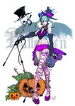  aqua_hair bad_id bad_pixiv_id black_hair blue_eyes braid dasumidara double_bun elbow_gloves eyepatch gloves halloween hat jojo_no_kimyou_na_bouken kuujou_jolyne midriff multicolored_hair navel skull solo stone_ocean top_hat two-tone_hair 