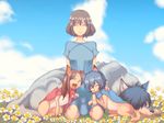  ^_^ ame_(ookami_kodomo) animalization bad_id bad_pixiv_id black_hair brother_and_sister brown_hair closed_eyes cloud cream_(nipakupa) day dress family father_and_daughter father_and_son field flower flower_field furry hana_(ookami_kodomo) happy kneeling long_hair meadow mother_and_daughter mother_and_son ookami_kodomo_no_ame_to_yuki ookami_otoko outdoors peaceful short_hair siblings sky wolf yawning yuki_(ookami_kodomo) 