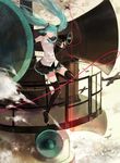  aircraft airplane aqua_eyes aqua_hair boots cotta detached_sleeves floating_hair hatsune_miku highres koi_wa_sensou_(vocaloid) long_hair megaphone necktie skirt solo thigh_boots thighhighs twintails vocaloid 