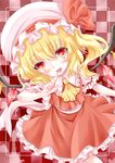  ascot blonde_hair blush checkered checkered_background crystal flandre_scarlet hat hat_ribbon highres komiru open_mouth puffy_sleeves red_eyes ribbon shadow short_hair short_sleeves side_ponytail smile solo touhou wings 