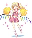 :d ^_^ alternate_costume cheerleader closed_eyes fangs flandre_scarlet full_body happy loose_socks low_wings midriff navel no_hat no_headwear open_mouth pom_poms satou_kibi scrunchie shoes side_ponytail simple_background skirt smile sneakers socks solo touhou white_background white_legwear wings 
