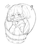 artist_request blush bucket flying_sweatdrops greyscale hair_bobbles hair_ornament in_bucket in_container japanese_clothes kimono kisume looking_at_viewer monochrome open_mouth shy solo sweat touhou twintails wavy_mouth wooden_bucket 