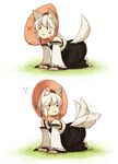  :3 all_fours animal_ears commentary_request detached_sleeves elizabethan_collar flying_sweatdrops hat inubashiri_momiji short_hair solo tail tail_wagging tears tokin_hat touhou urin white_hair wolf_ears wolf_tail 