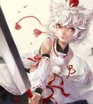  animal_ears detached_sleeves gunni hat hat_ribbon highres inubashiri_momiji long_sleeves looking_at_viewer midriff navel red_eyes ribbon shirt short_hair silver_hair skirt solo sword tail tokin_hat touhou weapon wide_sleeves wolf_ears wolf_tail 