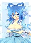  animal_ears bad_id bad_pixiv_id blue_eyes blue_hair blush breast_hold breasts cat_ears cleavage fuuen_(akagaminanoka) happy_birthday kaku_seiga kemonomimi_mode large_breasts looking_at_viewer open_mouth smile solo touhou 