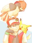  baseball_cap black_hair fingerless_gloves gen_1_pokemon gloves hat numata pidgeotto pikachu pokemon pokemon_(creature) pokemon_(game) pokemon_rgby red_(pokemon) red_(pokemon_rgby) smile 