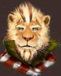  beard blue_eyes clothing facial_hair feline fur hair lion lyin male mammal open_mouth orange_fur pockyrumz portrait red_hair smile solo teeth white_hair 