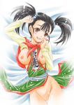  :d black_hair blush breasts breasts_outside brown_eyes dragon_quest dragon_quest_iii fighter_(dq3) highres large_breasts nipples no_panties open_mouth pussy short_hair short_twintails sketch smile solo traditional_media tsubakiyama_parry twintails 