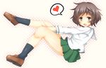  akiyama_yukari bad_id bad_pixiv_id bangs black_legwear blouse blush brown_eyes brown_footwear brown_hair girls_und_panzer green_skirt heart highres loafers long_sleeves messy_hair miniskirt neckerchief nowheresoul ooarai_school_uniform pleated_skirt school_uniform serafuku shoes short_hair skirt smile socks solo spoken_heart white_blouse 