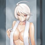  ahoge breasts collarbone grey_background konishiki_(52siki) large_breasts looking_at_viewer nude parted_lips red_eyes short_hair silver_hair solo steam steaming_body striped striped_background towel towel_around_neck uchuu_senkan_yamato uchuu_senkan_yamato_2199 upper_body vertical-striped_background vertical_stripes yamamoto_akira 