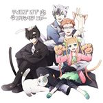  3boys animal_ears black_hair boots brown_hair capri_pants cat cat_ears cat_tail copyright_name elle_mel_martha glasses gloves green_eyes green_shirt hair_over_one_eye hand_on_another's_head jewelry julius_will_kresnik long_hair ludger_will_kresnik lulu_(tales) lydi_(dd) mask multicolored_hair multiple_boys no_hat no_headwear pants paws pendant pinstripe_pattern shirt shoes sitting striped tail tales_of_(series) tales_of_xillia tales_of_xillia_2 twintails two-tone_hair v victor_(tales) white_background white_hair 