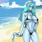  anthro beach big_breasts bikini blue_fur blue_sky bovine breasts camel_toe clothing cloud female fur green_hair hair hand_on_hip holding horn lait long_hair looking_at_viewer mammal micro_bikini milkcrown naughty_face pose sea seaside sky smile solo standing summer swimsuit tail_grab tail_tuft tight_clothing tuft water 