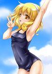  armpits blonde_hair cloud day hairband hips kise_yayoi one-piece_swimsuit open_mouth precure roura school_swimsuit short_hair skindentation sky smile smile_precure! solo swimsuit v white_hairband yellow_eyes 