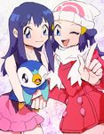  ;) alternate_costume beanie blue_hair dual_persona gen_4_pokemon hat hikari_(pokemon) multiple_girls numata one_eye_closed open_mouth piplup pokemon pokemon_(anime) pokemon_(creature) pokemon_(game) pokemon_dppt scarf smile winter_clothes 