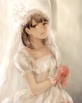  bad_id bad_pixiv_id blood blood_stain blue_eyes blush brown_hair dress gloves hair_ribbon idolmaster idolmaster_cinderella_girls long_hair looking_at_viewer mgn0isi open_mouth ribbon sakuma_mayu smile solo wedding_dress white 